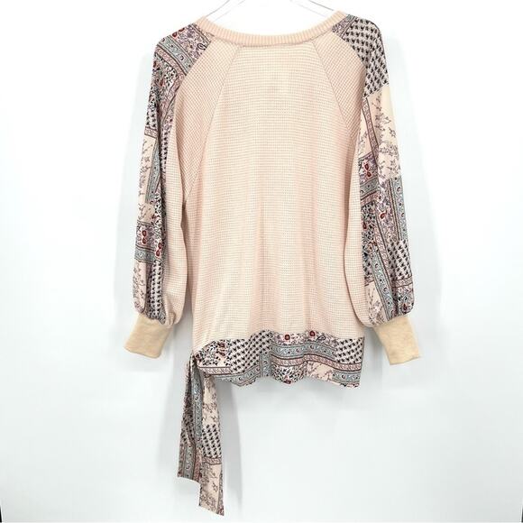 Faux wrap blouse M waffle knit patchwork side tie boho long sleeve cottage NEW - Picture 4 of 9
